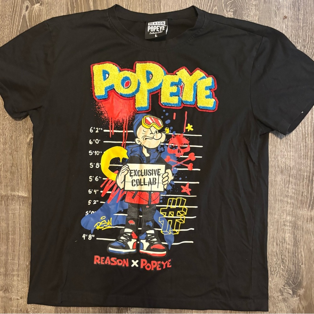 Reason Popeye Exclusive Collab NYC Black T Shirt Sz Large Raised Lettering
